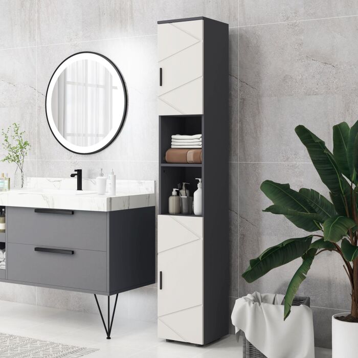 Kleankin 183cm Tall Bathroom Cabinet, Narrow Bathroom Storage Cabinet W/ Open Shelves, 2 Doors Cabinets, Adjustable Shelves, Grey
