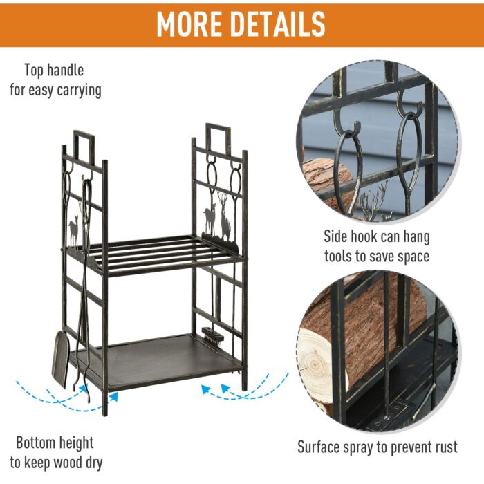 Outsunny 2-layer Heavy Duty Firewood Rack Wood Log Fireplace Stacker W/ 4 Tools, Gold