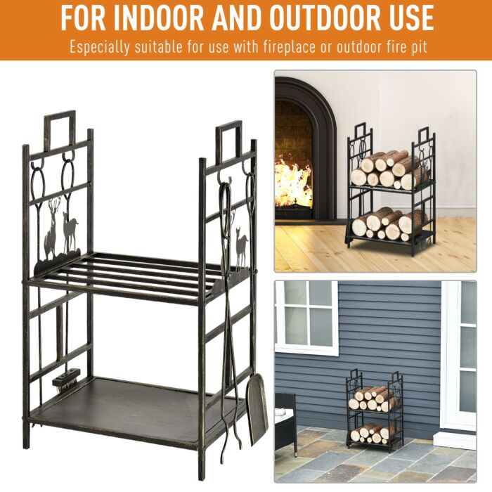 Outsunny 2-layer Heavy Duty Firewood Rack Wood Log Fireplace Stacker W/ 4 Tools, Gold