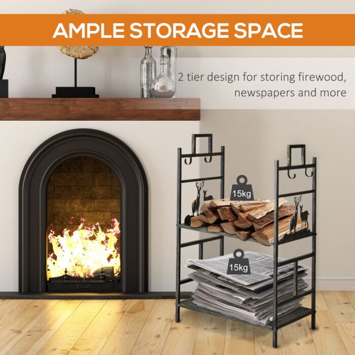 Outsunny 2-layer Heavy Duty Firewood Rack Wood Log Fireplace Stacker W/ 4 Tools, Gold