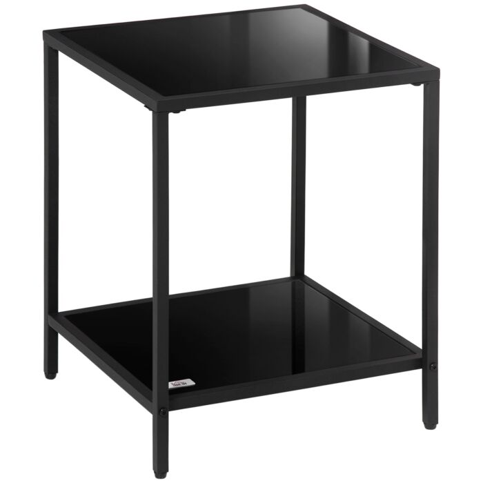 Homcom Side Table With Tempered Glass Top, End Table With 2-tier Storage, Classic Accent Table With Steel Frame, Black