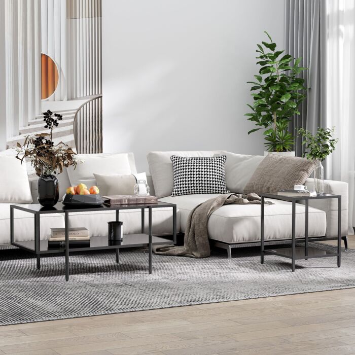 Homcom Side Table With Tempered Glass Top, End Table With 2-tier Storage, Classic Accent Table With Steel Frame, Black