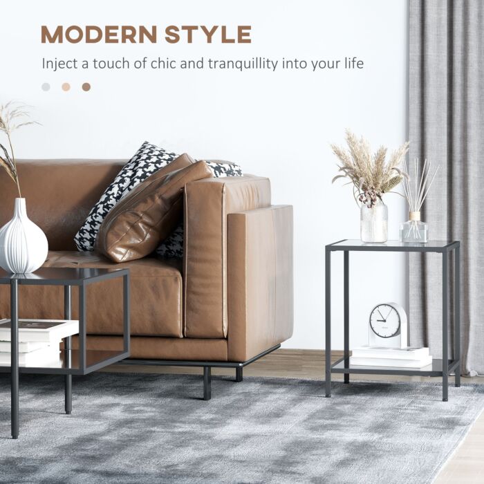 Homcom Side Table With Tempered Glass Top, End Table With 2-tier Storage, Classic Accent Table With Steel Frame, Black