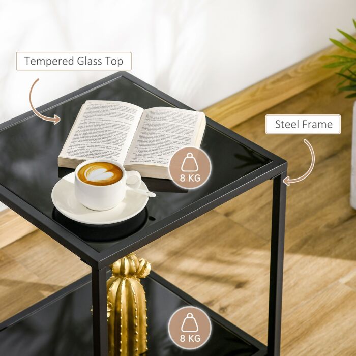 Homcom Side Table With Tempered Glass Top, End Table With 2-tier Storage, Classic Accent Table With Steel Frame, Black
