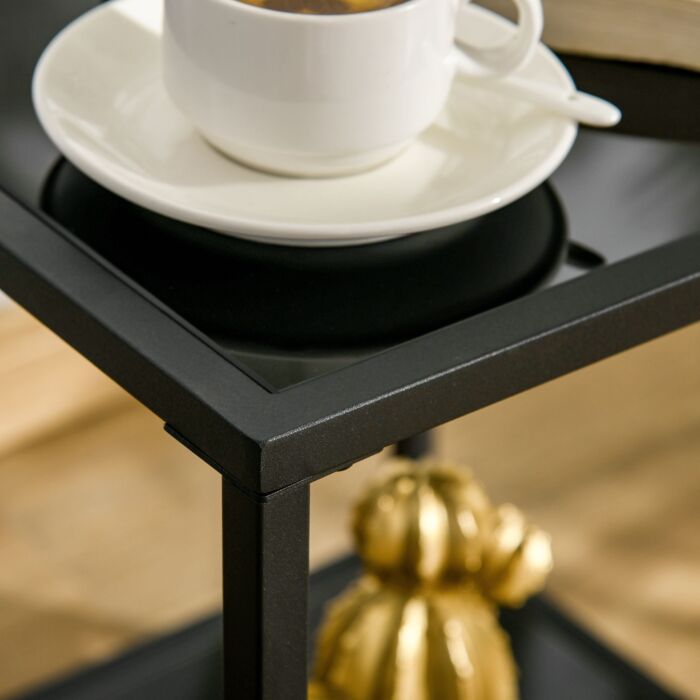 Homcom Side Table With Tempered Glass Top, End Table With 2-tier Storage, Classic Accent Table With Steel Frame, Black