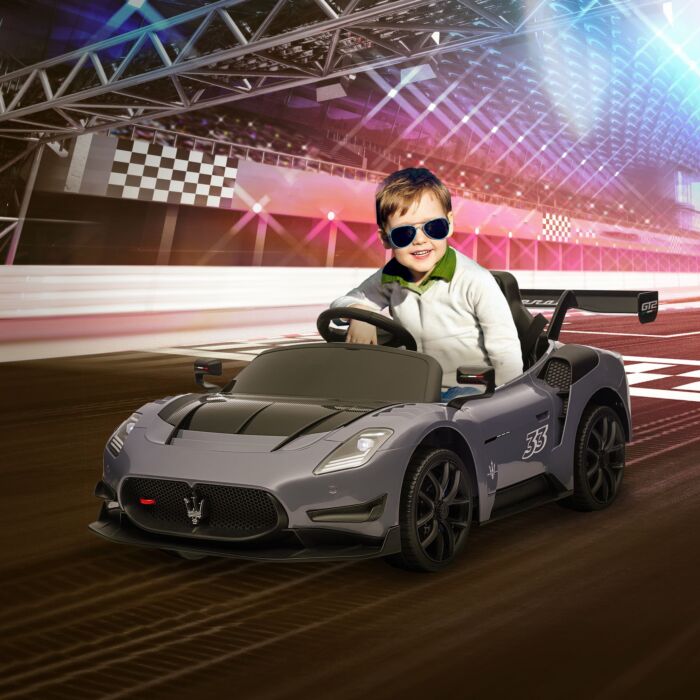 Aiyaplay Maserati Gt2 Licensed 12v Kids Electric Ride On Car With 4 Suspension, Remote Control Music Horn Lights - Grey