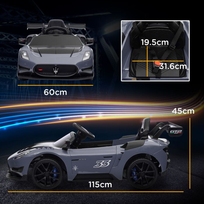 Aiyaplay Maserati Gt2 Licensed 12v Kids Electric Ride On Car With 4 Suspension, Remote Control Music Horn Lights - Grey