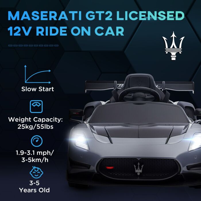Aiyaplay Maserati Gt2 Licensed 12v Kids Electric Ride On Car With 4 Suspension, Remote Control Music Horn Lights - Grey