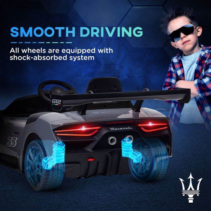 Aiyaplay Maserati Gt2 Licensed 12v Kids Electric Ride On Car With 4 Suspension, Remote Control Music Horn Lights - Grey