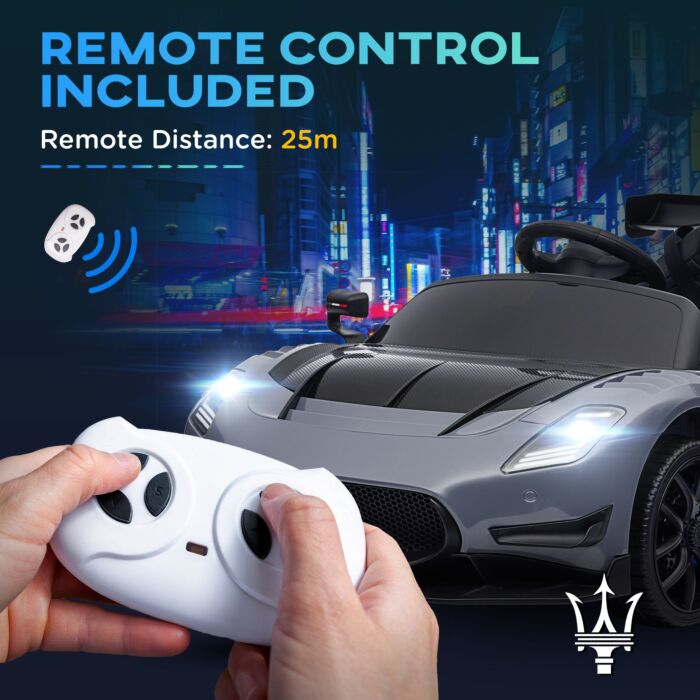 Aiyaplay Maserati Gt2 Licensed 12v Kids Electric Ride On Car With 4 Suspension, Remote Control Music Horn Lights - Grey