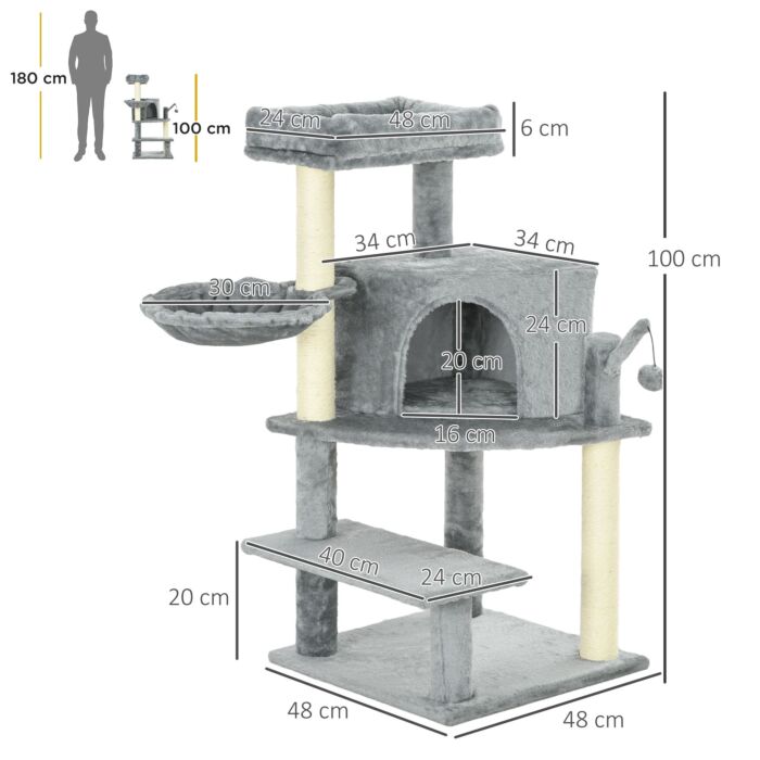 Pawhut Sisal 100cm Cat Tree Tower With Sisal Scratching Post Grey