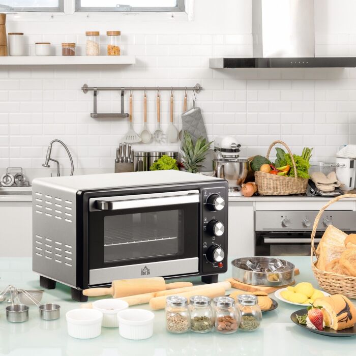 Homcom Convection Mini Oven, 16l Countertop Electric Grill, Toaster Oven With Adjustable Temperature, 60 Min Timer, Crumb Tray, Wire Rack, 1400w