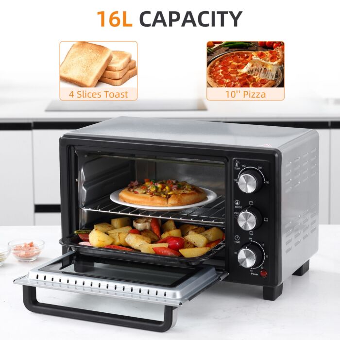 Homcom Convection Mini Oven, 16l Countertop Electric Grill, Toaster Oven With Adjustable Temperature, 60 Min Timer, Crumb Tray, Wire Rack, 1400w
