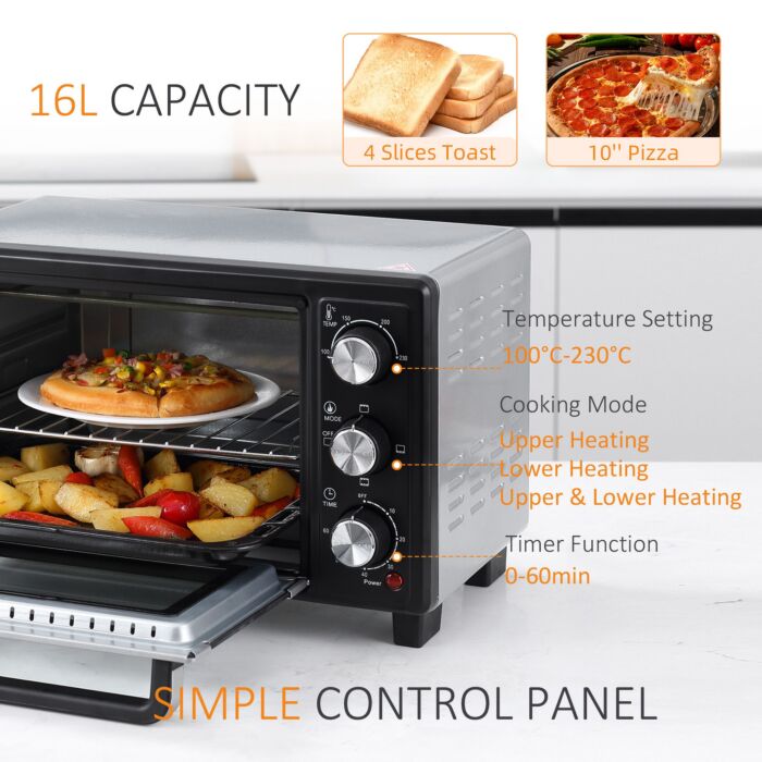 Homcom Convection Mini Oven, 16l Countertop Electric Grill, Toaster Oven With Adjustable Temperature, 60 Min Timer, Crumb Tray, Wire Rack, 1400w