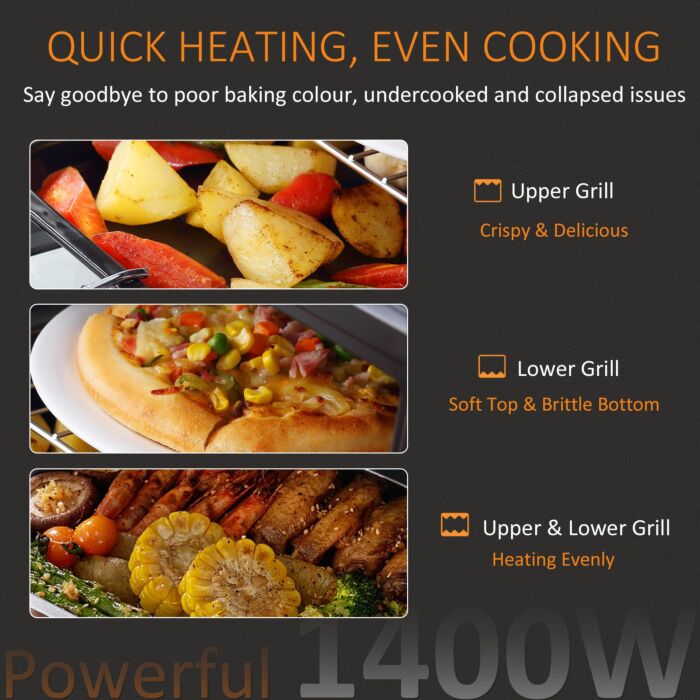 Homcom Convection Mini Oven, 16l Countertop Electric Grill, Toaster Oven With Adjustable Temperature, 60 Min Timer, Crumb Tray, Wire Rack, 1400w