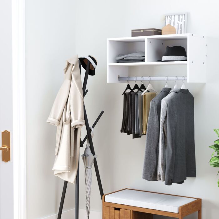 Homcom Wall Mounted Coat Hanger Hooks Rack Stand Hallway Coat Rack Rail & Storage Shelf Hanging Coat Organizer (white)
