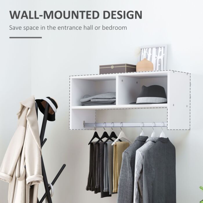 Homcom Wall Mounted Coat Hanger Hooks Rack Stand Hallway Coat Rack Rail & Storage Shelf Hanging Coat Organizer (white)