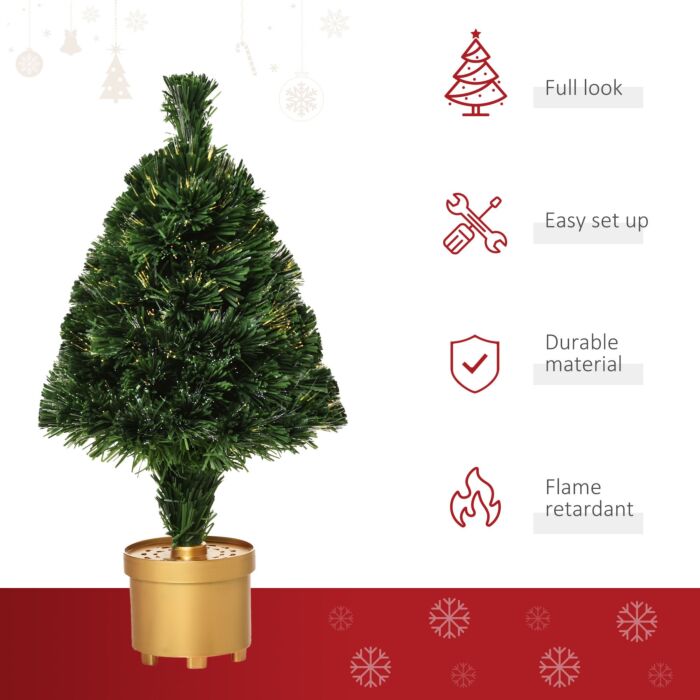Homcom 2ft Prelit Artificial Christmas Tree Fiber Optic Led Light Holiday Home Xmas Decoration Table Decor With Multi-color Lights, Green