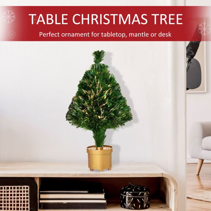 Homcom 2ft Prelit Artificial Christmas Tree Fiber Optic Led Light Holiday Home Xmas Decoration Table Decor With Multi-color Lights, Green