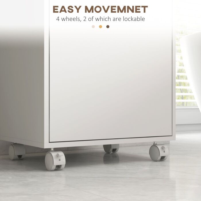 Kleankin Bathroom Cabinet With Wheels, Bathroom Storage Cabinet With Cushioned Door, Removable Tray, Open Compartment And Adjustable Shelves For Washroom, White