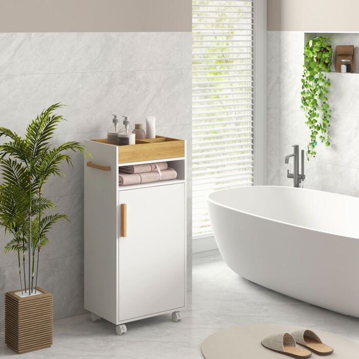 Kleankin Bathroom Cabinet With Wheels, Bathroom Storage Cabinet With Cushioned Door, Removable Tray, Open Compartment And Adjustable Shelves For Washroom, White