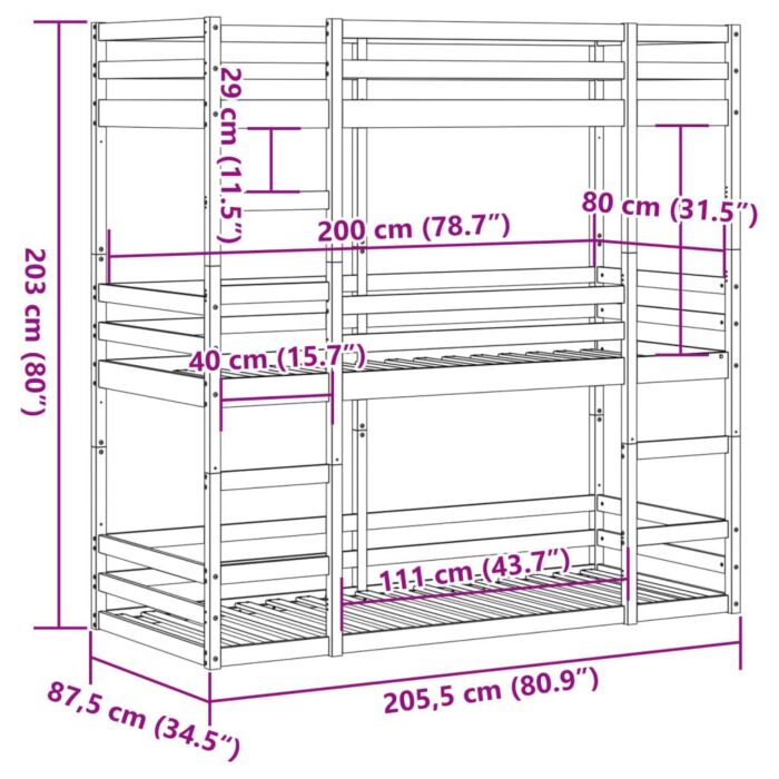 Vidaxl Tripe Bunk Bed White 80x200 Cm Solid Wood Pine