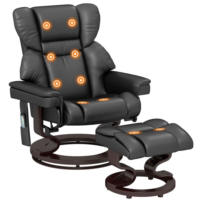 Homcom Massage Recliner Chair With Footstool, Upholstered Reclining Armchair With Adjustable Backrest, Steel Frame And Wood Base, Swivel Chair For Living Room, Bedroom, Black