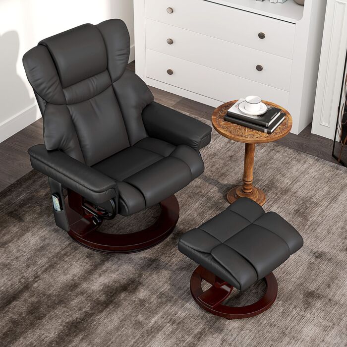 Homcom Massage Recliner Chair With Footstool, Upholstered Reclining Armchair With Adjustable Backrest, Steel Frame And Wood Base, Swivel Chair For Living Room, Bedroom, Black