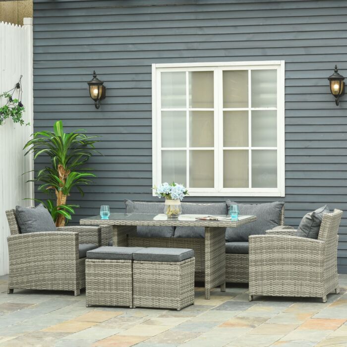 Outsunny 7-seater Rattan Dining Set Sofa Table Garden Rattan Furniture Footstool Outdoor W/ Cushion, Grey