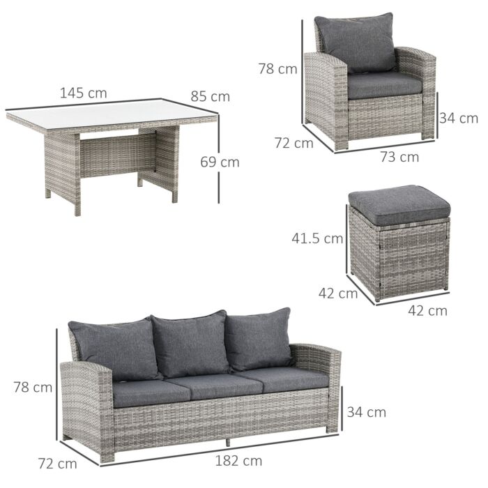 Outsunny 7-seater Rattan Dining Set Sofa Table Garden Rattan Furniture Footstool Outdoor W/ Cushion, Grey