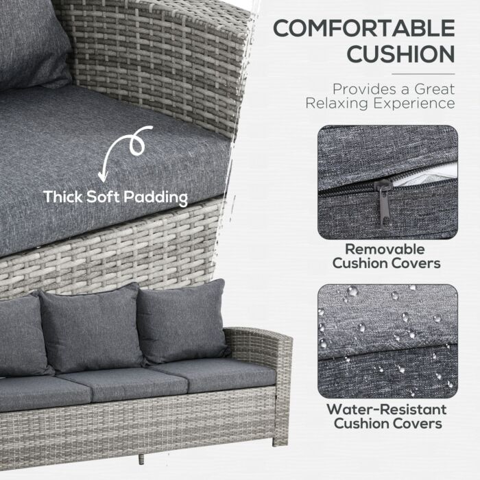 Outsunny 7-seater Rattan Dining Set Sofa Table Garden Rattan Furniture Footstool Outdoor W/ Cushion, Grey