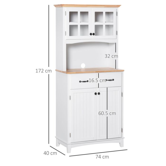 Homcom Freestanding Kitchen Cupboard, Kitchen Storage Cabinet With Framed Glass Doors, 2 Drawers, Microwave Counter, White
