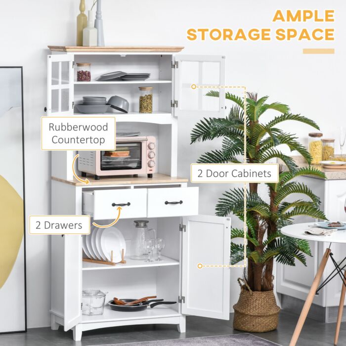 Homcom Freestanding Kitchen Cupboard, Kitchen Storage Cabinet With Framed Glass Doors, 2 Drawers, Microwave Counter, White
