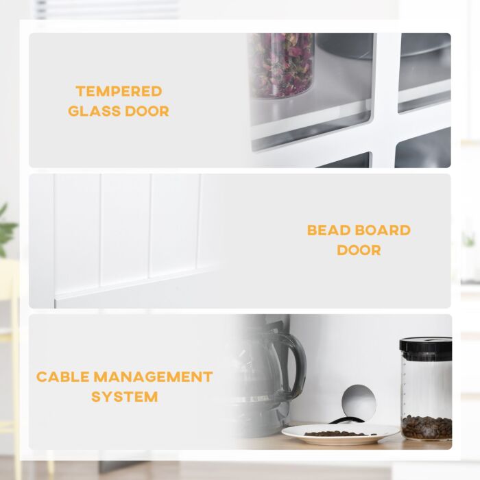 Homcom Freestanding Kitchen Cupboard, Kitchen Storage Cabinet With Framed Glass Doors, 2 Drawers, Microwave Counter, White