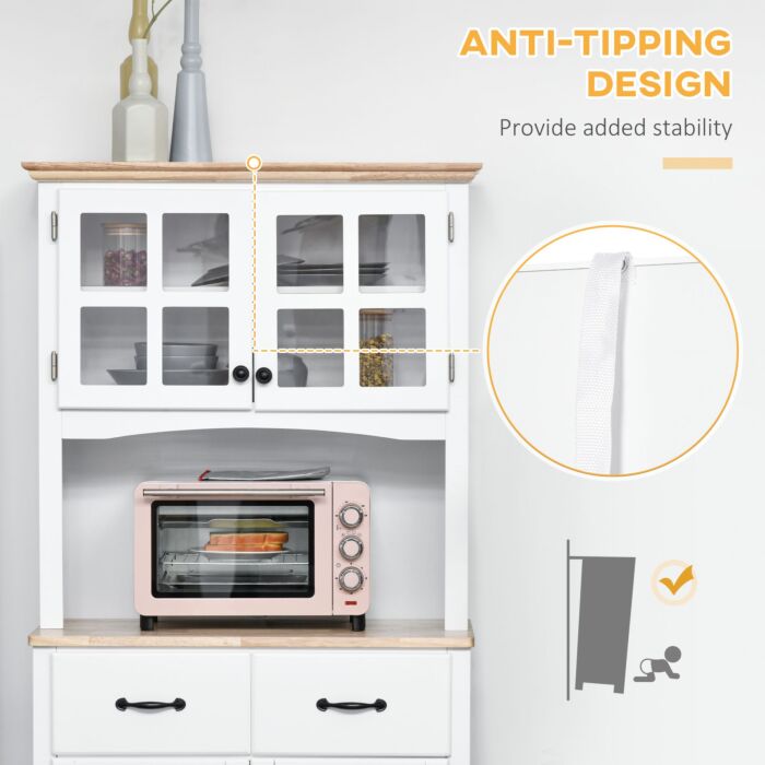 Homcom Freestanding Kitchen Cupboard, Kitchen Storage Cabinet With Framed Glass Doors, 2 Drawers, Microwave Counter, White