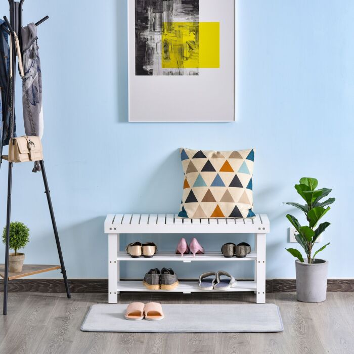 Homcom Shoe Bench, 3-tier Wooden Shoe Rack With Hidden Storage Compartment, Slatted Shelves, Home Storage Unit, White