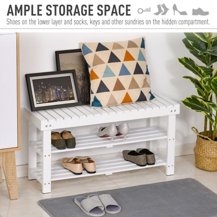 Homcom Shoe Bench, 3-tier Wooden Shoe Rack With Hidden Storage Compartment, Slatted Shelves, Home Storage Unit, White