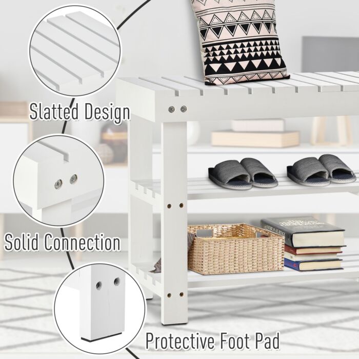 Homcom Shoe Bench, 3-tier Wooden Shoe Rack With Hidden Storage Compartment, Slatted Shelves, Home Storage Unit, White