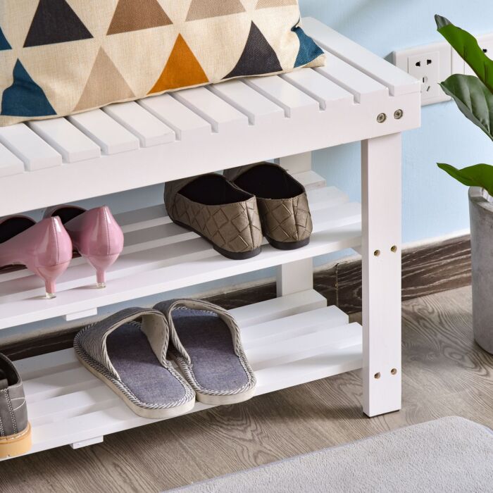 Homcom Shoe Bench, 3-tier Wooden Shoe Rack With Hidden Storage Compartment, Slatted Shelves, Home Storage Unit, White