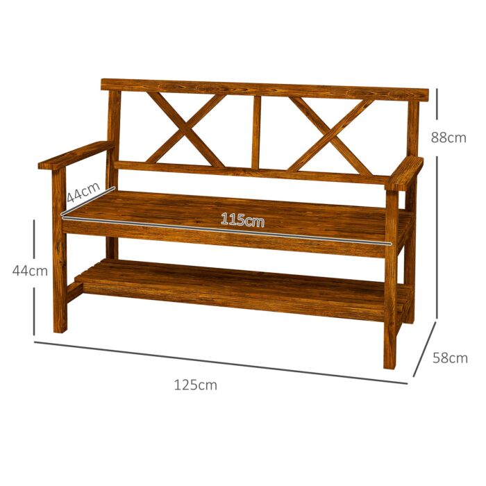 Outsunny Wooden Garden Bench, 2-seater Outdoor Bench With Storage Shelf, Backrest, Armrests And Slat Seat, Carbonized