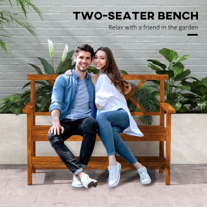 Outsunny Wooden Garden Bench, 2-seater Outdoor Bench With Storage Shelf, Backrest, Armrests And Slat Seat, Carbonized