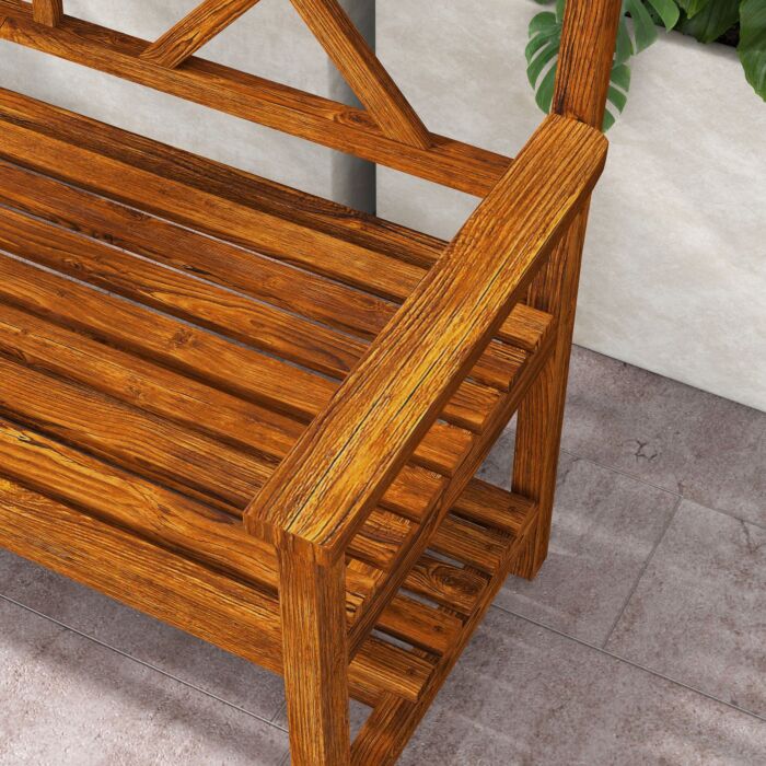 Outsunny Wooden Garden Bench, 2-seater Outdoor Bench With Storage Shelf, Backrest, Armrests And Slat Seat, Carbonized