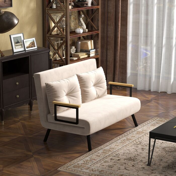 Homcom Click Clack Sofa Bed, Convertible 2 Seater Sofa Couch With 2 Cushions, Beige