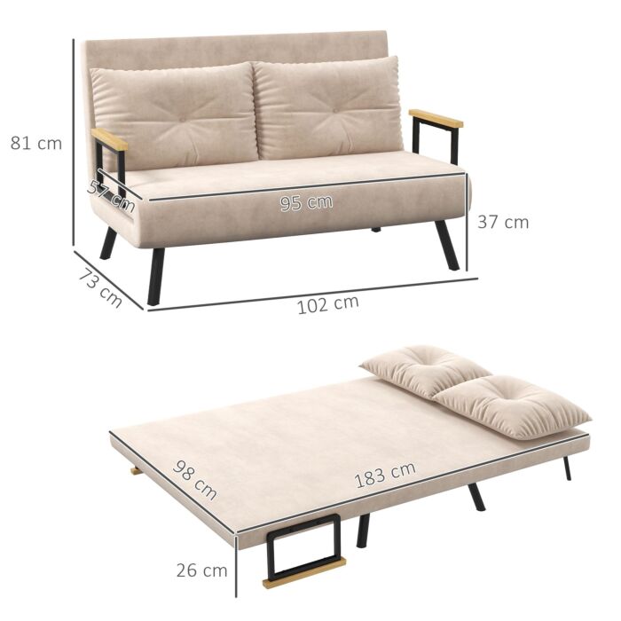 Homcom Click Clack Sofa Bed, Convertible 2 Seater Sofa Couch With 2 Cushions, Beige