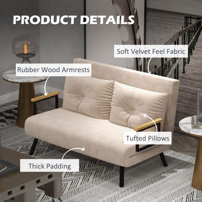 Homcom Click Clack Sofa Bed, Convertible 2 Seater Sofa Couch With 2 Cushions, Beige