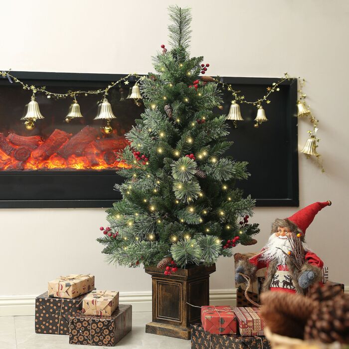 Homcom 1.2m/4ft Artificial Christmas Tree With 100 Warm White Led Lights And 8 Modes, Small Xmas Tree With Red Berries, Pine Cones And Retro Base, Green