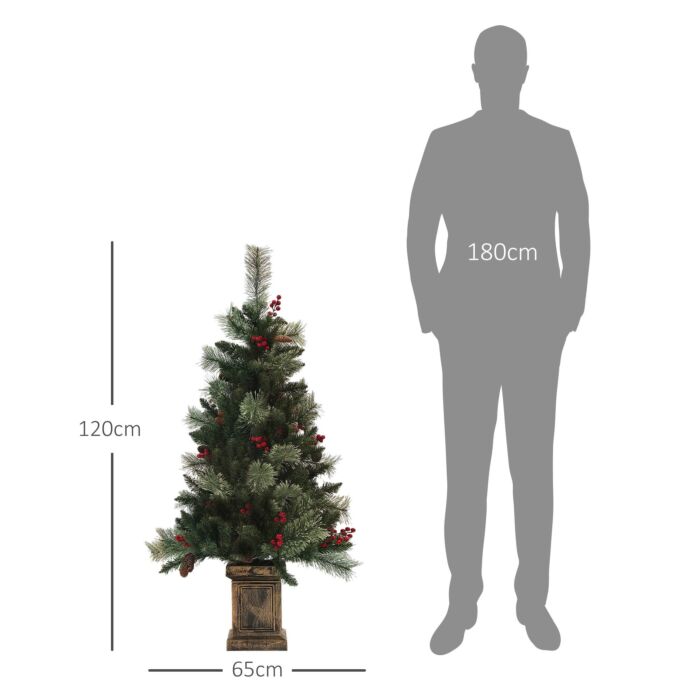 Homcom 1.2m/4ft Artificial Christmas Tree With 100 Warm White Led Lights And 8 Modes, Small Xmas Tree With Red Berries, Pine Cones And Retro Base, Green