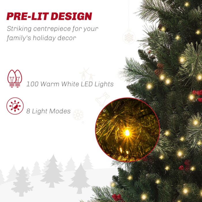 Homcom 1.2m/4ft Artificial Christmas Tree With 100 Warm White Led Lights And 8 Modes, Small Xmas Tree With Red Berries, Pine Cones And Retro Base, Green