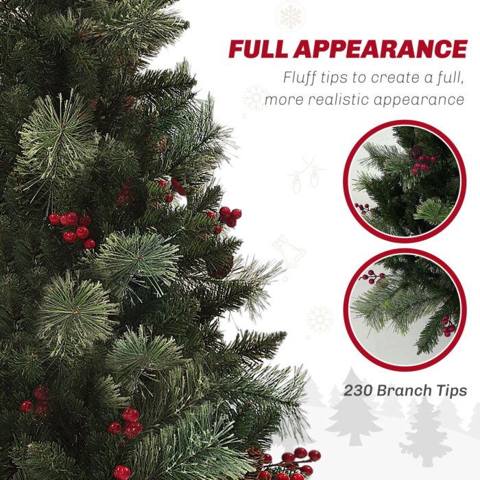 Homcom 1.2m/4ft Artificial Christmas Tree With 100 Warm White Led Lights And 8 Modes, Small Xmas Tree With Red Berries, Pine Cones And Retro Base, Green