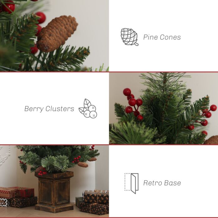 Homcom 1.2m/4ft Artificial Christmas Tree With 100 Warm White Led Lights And 8 Modes, Small Xmas Tree With Red Berries, Pine Cones And Retro Base, Green